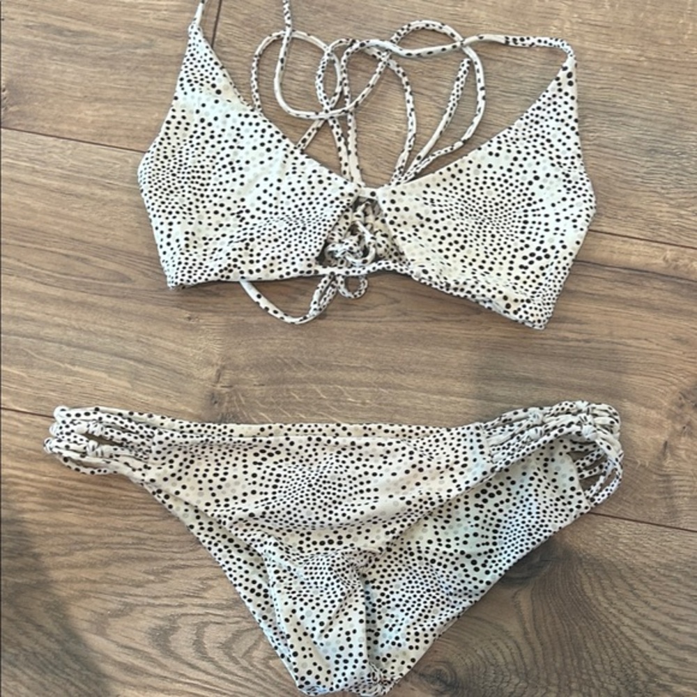 Dotted Lace-Up Bikini Top and Ruched Side Bottom in Cream and Black